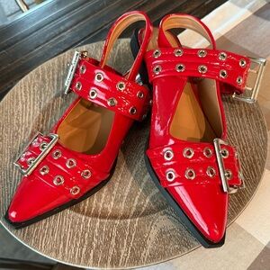 Forever Link Red Heeled Shoes with Buckle Accents New